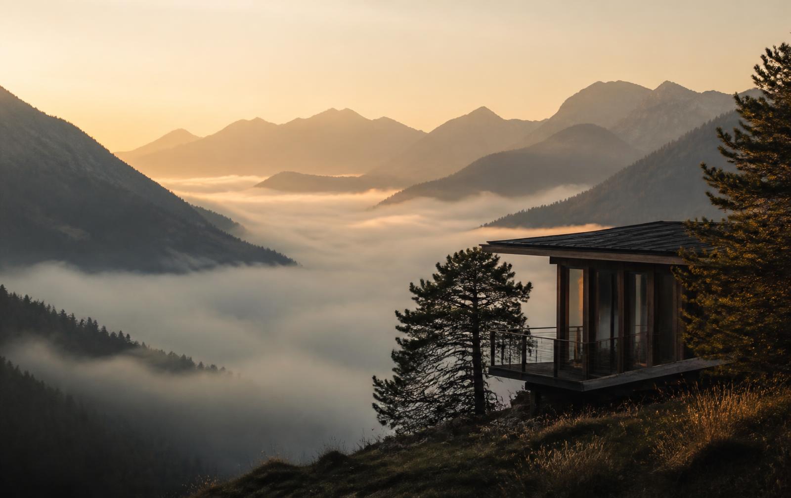 Mist settling over a quiet mountain valley at dawn