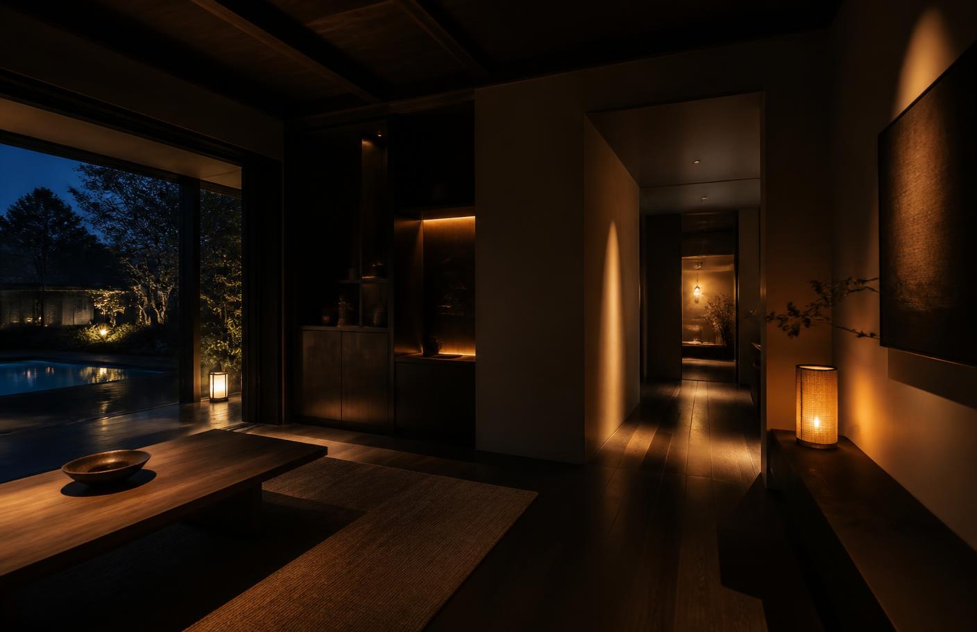A calm, warmly lit retreat interior at night